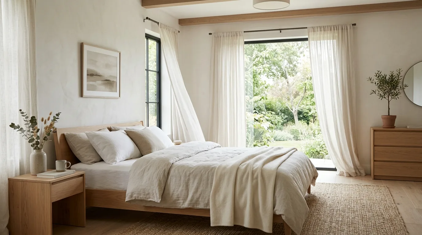 Use filtered daylight as part of the mood inspiration for a neutral bedroom.